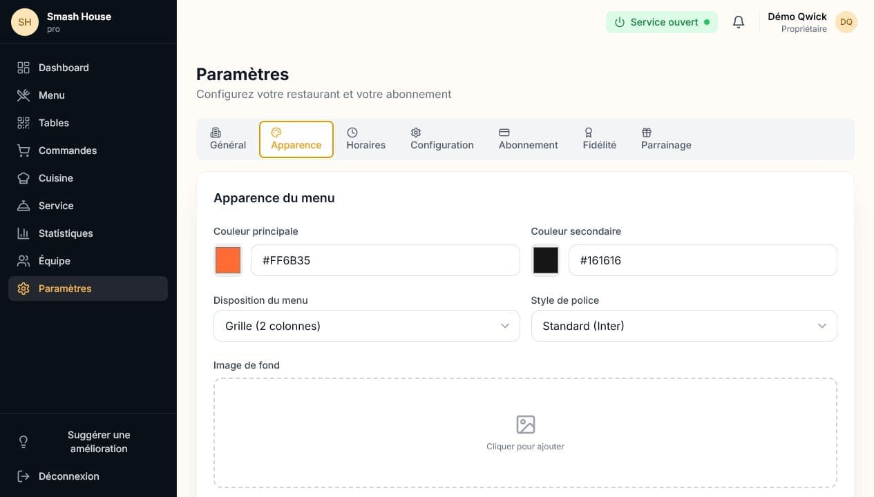 Qwick Order — Personnalisation de la marque