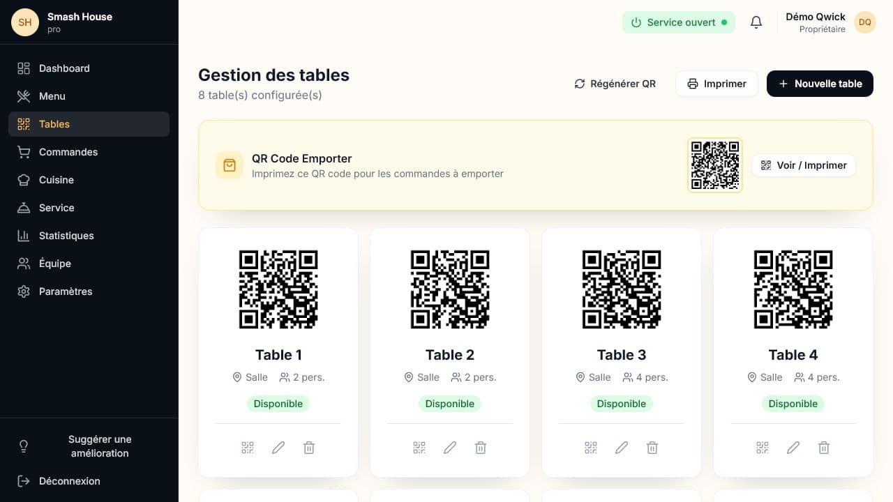 Interface Qwick Order de gestion des tables et QR codes